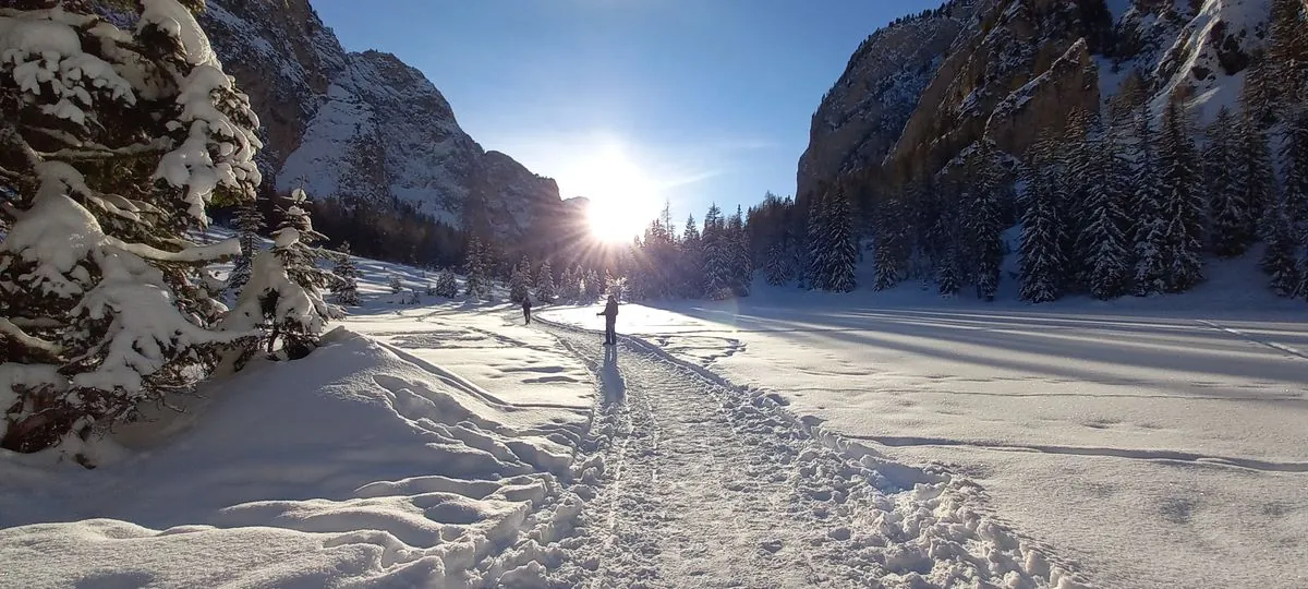 Verschneiter Weg zwischen Felswänden in der Wintersonne