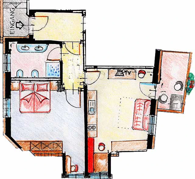 Handgezeichneter Grundriss der Zweizimmerwohnung in der Dependance