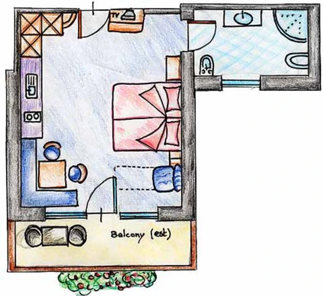 Handgezeichneter Grundriss der Einzimmerwohnung mit Balkon