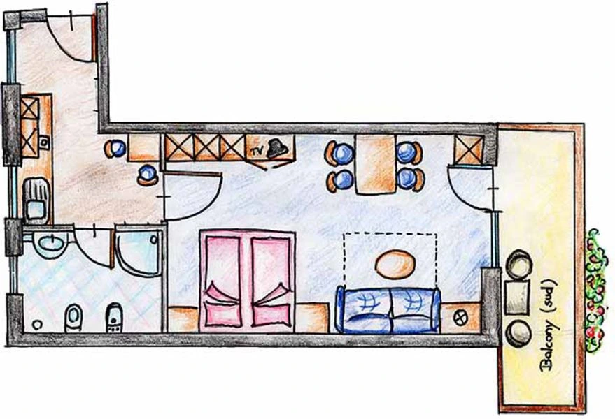 Handgezeichneter Grundriss der Zweiraumwohnung Nr. 23 mit abgetrennter Küche