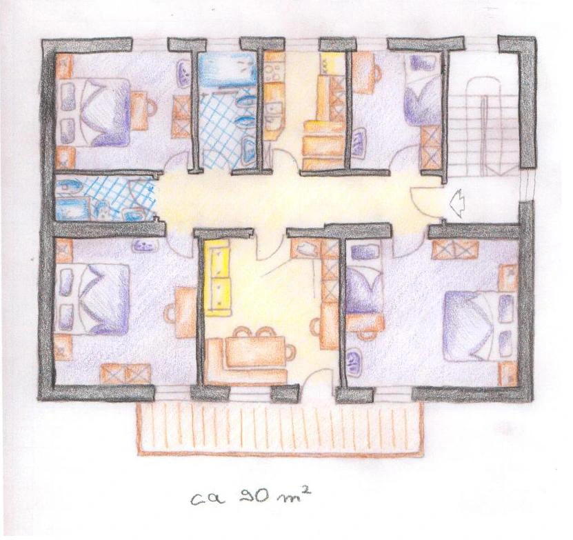 Handgezeichneter Grundriss des Apartments Puez mit vier Schlafzimmern