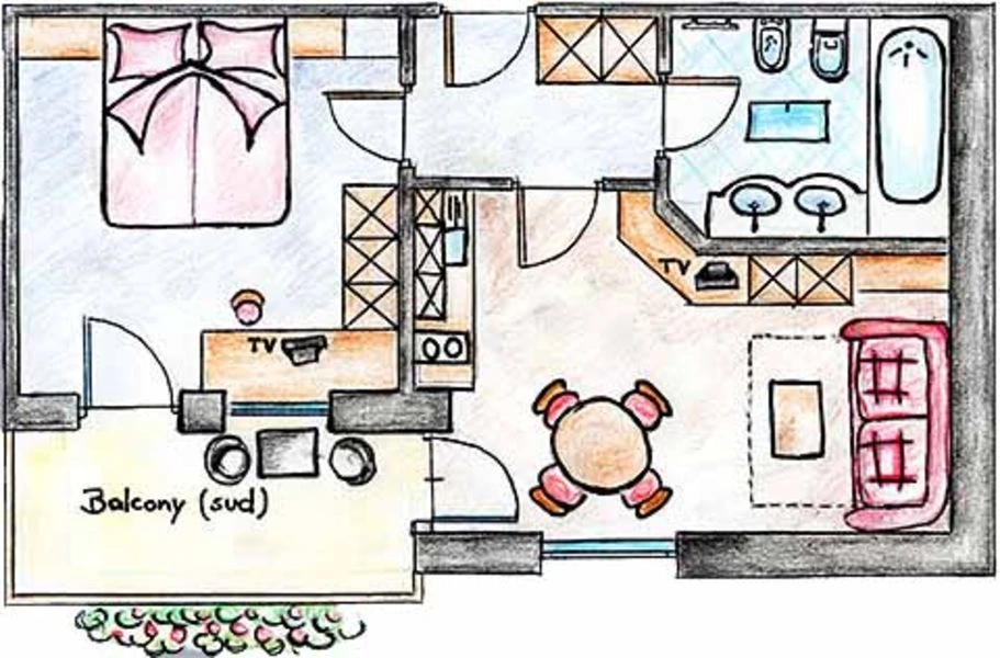 Handgezeichneter Grundriss der Zweizimmerwohnung mit Südbalkon